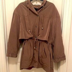 A2B hooded hip length removal lined coat, drawstring, waist women’s sz 1X Brown